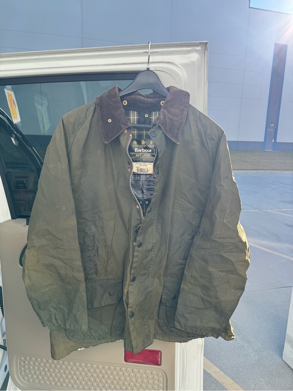 Barbour Olive Green Waxed Cotton Field Jacket with Brown Corduroy Collar